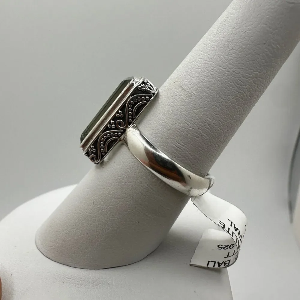 NWT 5ct emerald‎ cut Prasiolite ring in Bali sterling silver!